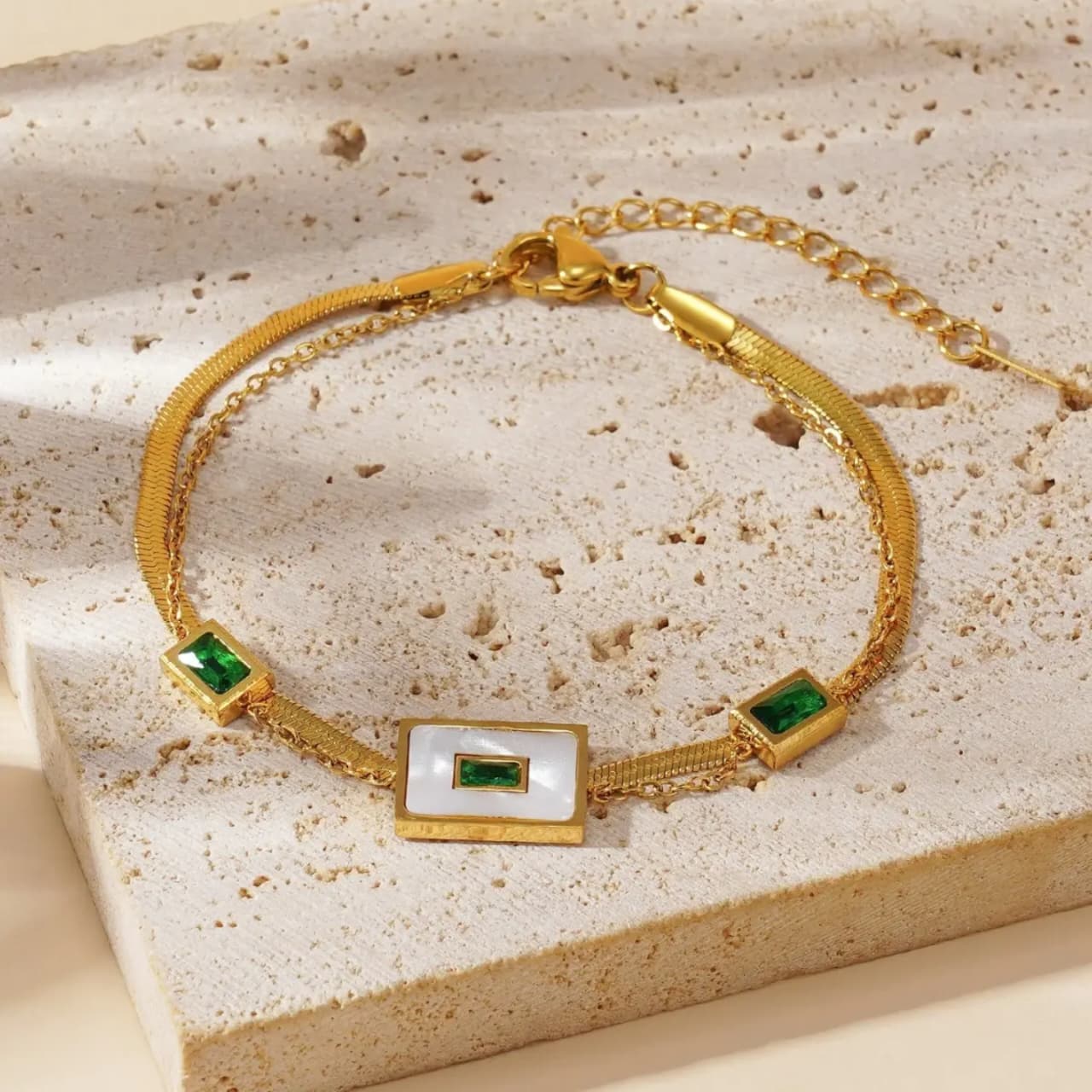 Emerald double chain bracelet